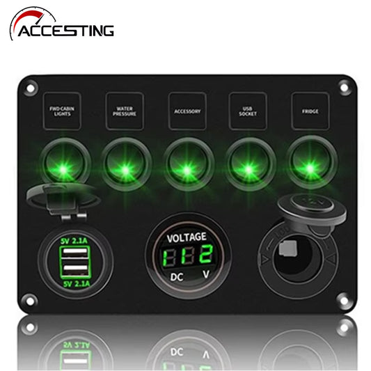 3 Colors 5 Gang LED Backlit Switch Panel Toggle Switch Control for Car Boat Camper Marine RV 12V Power Outlet USB Charger