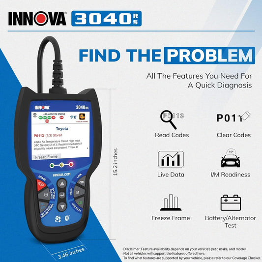 INNOVA 3040RS, OBD2 Scanner, Live Data Streamer, Battery/Alt Tester, Reset Check Engine Light/Brake Light/Oil Light, Free Mechanic Recommended Fix & Parts & Est Repair Cost, Free Updates