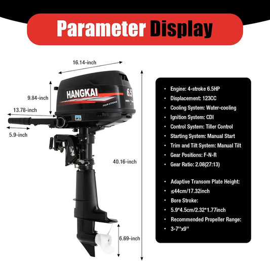4 Stroke Outboard Motor, 123CC 6.5HP Boat Motor Boat Engine Motor, Heavy Duty Outboard Boat Motor Inflatable Marine Fishing Boat Yacht Engine (Fuel Tank and Hoses Not Included)