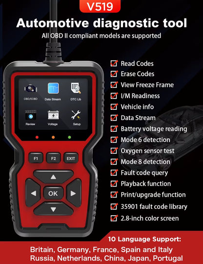 V519 OBD2 Scanner Live Data Professional Mechanic Diagnostic Code Reader Tool Clear Fault Code Reader Automotive Scanner