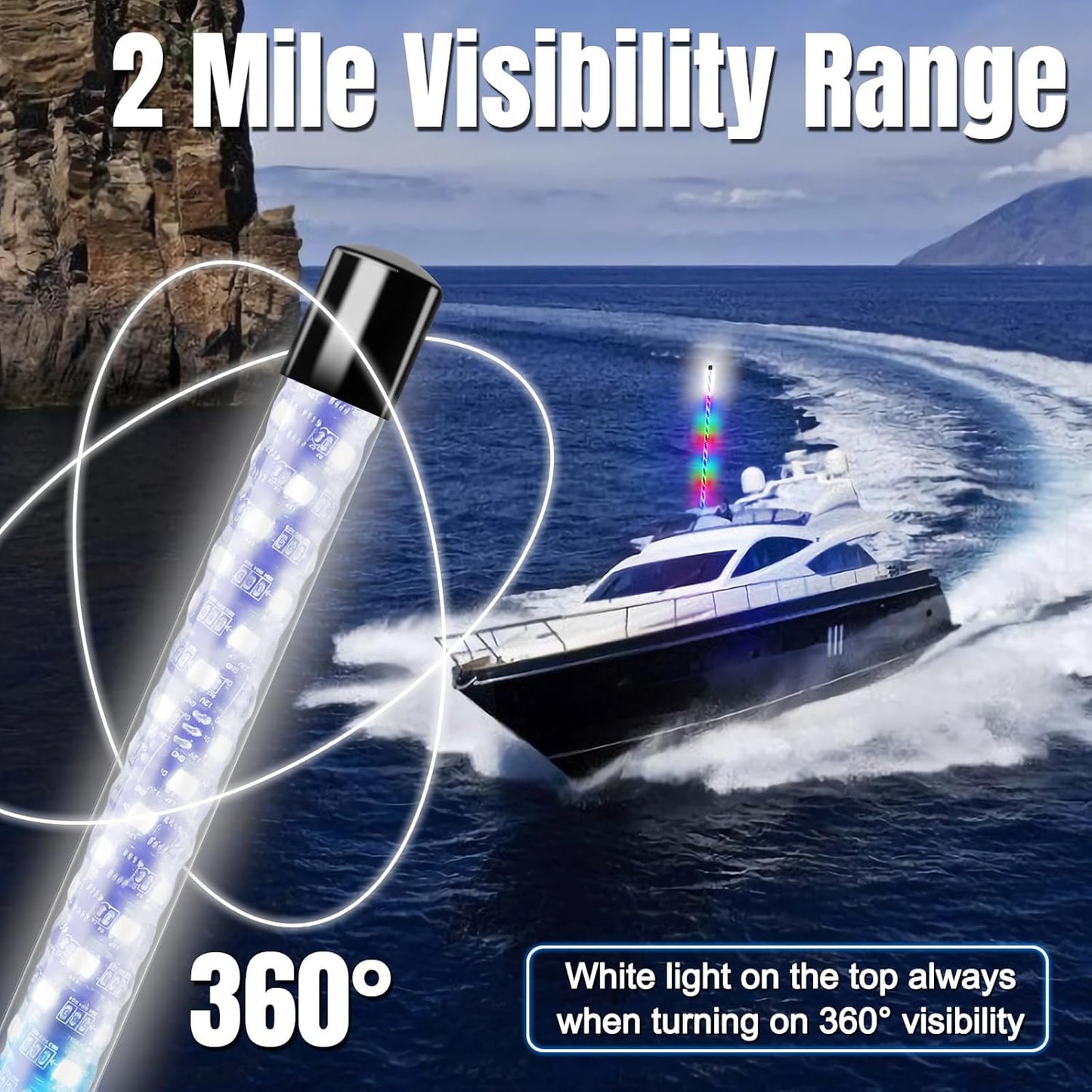 5FT Nav Lights for Boat, Plug-In Base Boat Whip Light, Chasing Color Boat Navigation Light with Remote Control, LED Boat Light Anchor Boat Accessories