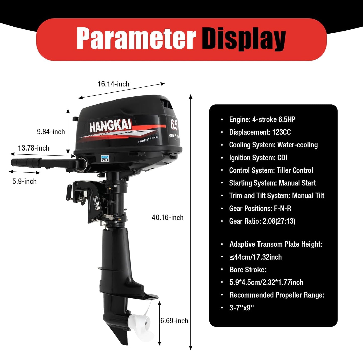 4 Stroke Outboard Motor, 123CC 6.5HP Boat Motor Boat Engine Motor, Heavy Duty Outboard Boat Motor Inflatable Marine Fishing Boat Yacht Engine (Fuel Tank and Hoses Not Included)