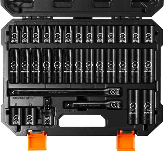 Boen 1/2" Drive Impact Socket Set, 33 Piece Deep & Shallow Metric Socket Set 8Mm to 22Mm, Includes 5", 10" Extension Bars, Universal Joint, 6 Point Design, Cr-V Steel, Meets ANSI Standards